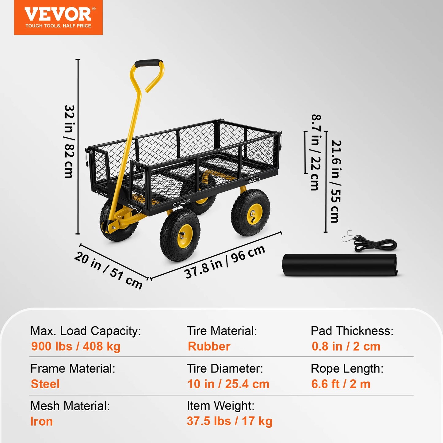 VEVOR Steel Garden Cart, 500/880/1200/1400 lbs Capacity, with Removable Mesh Sides, Perfect for Garden, Farm, Yard