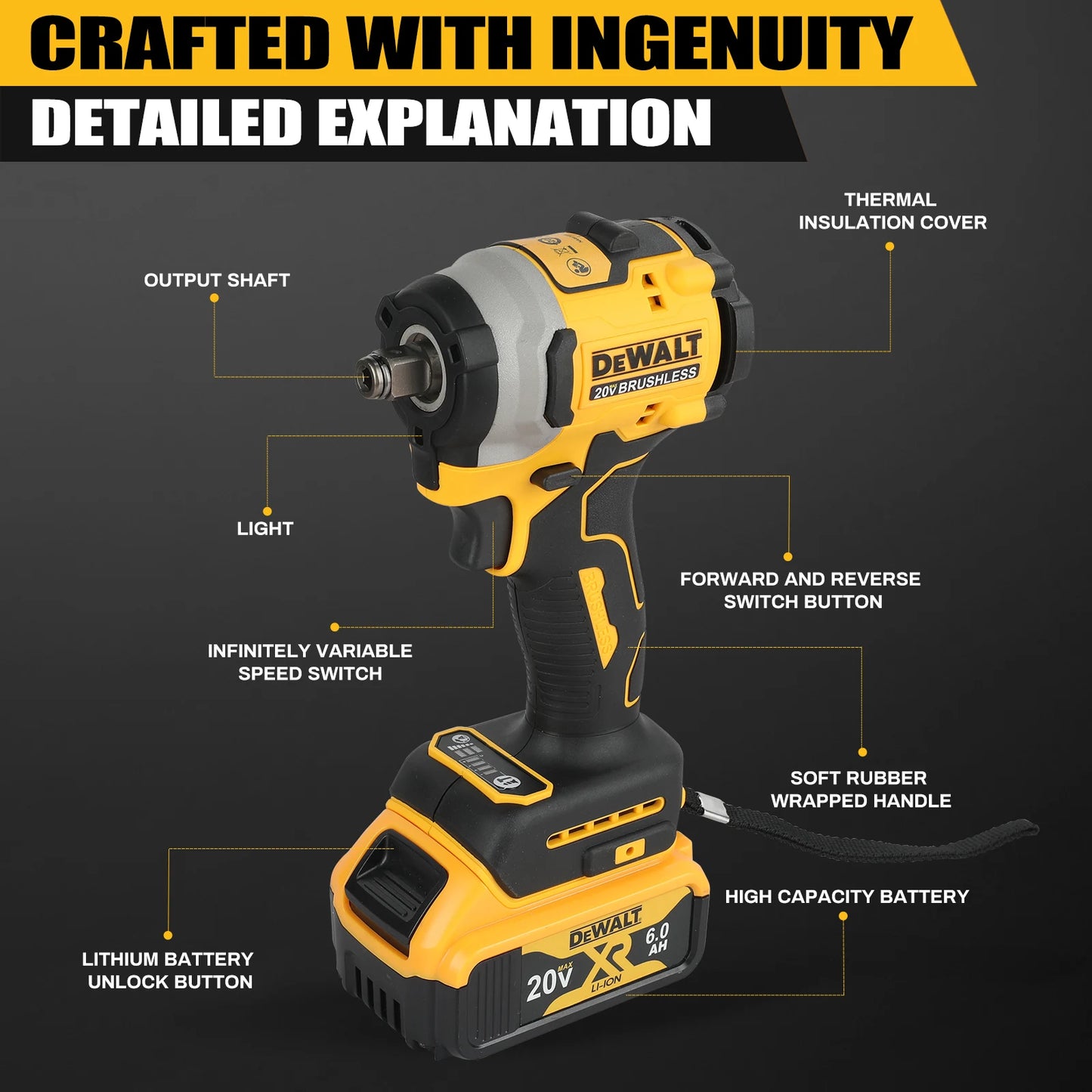 Dewalt DCF850 Rechargeable Cordless 20V Cordless Impact Wrench, Lithium Electric Battery, Power Tools, Original Large Torque