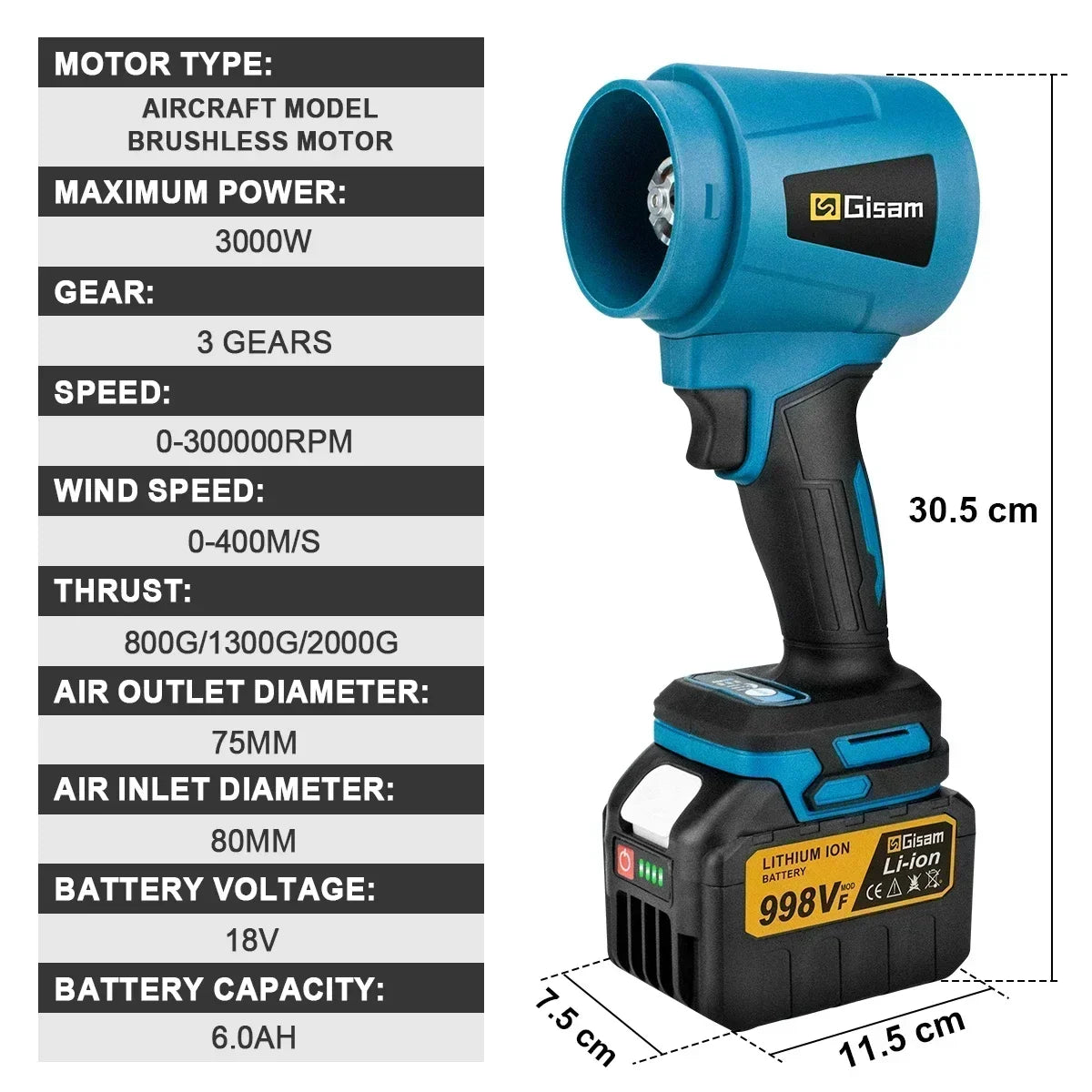 Gisam 30000RPM Brushless Electric Blower 15000RPM Cordless Turbo Fan Air Blower Violent Power Tools for Makita 18V Battery