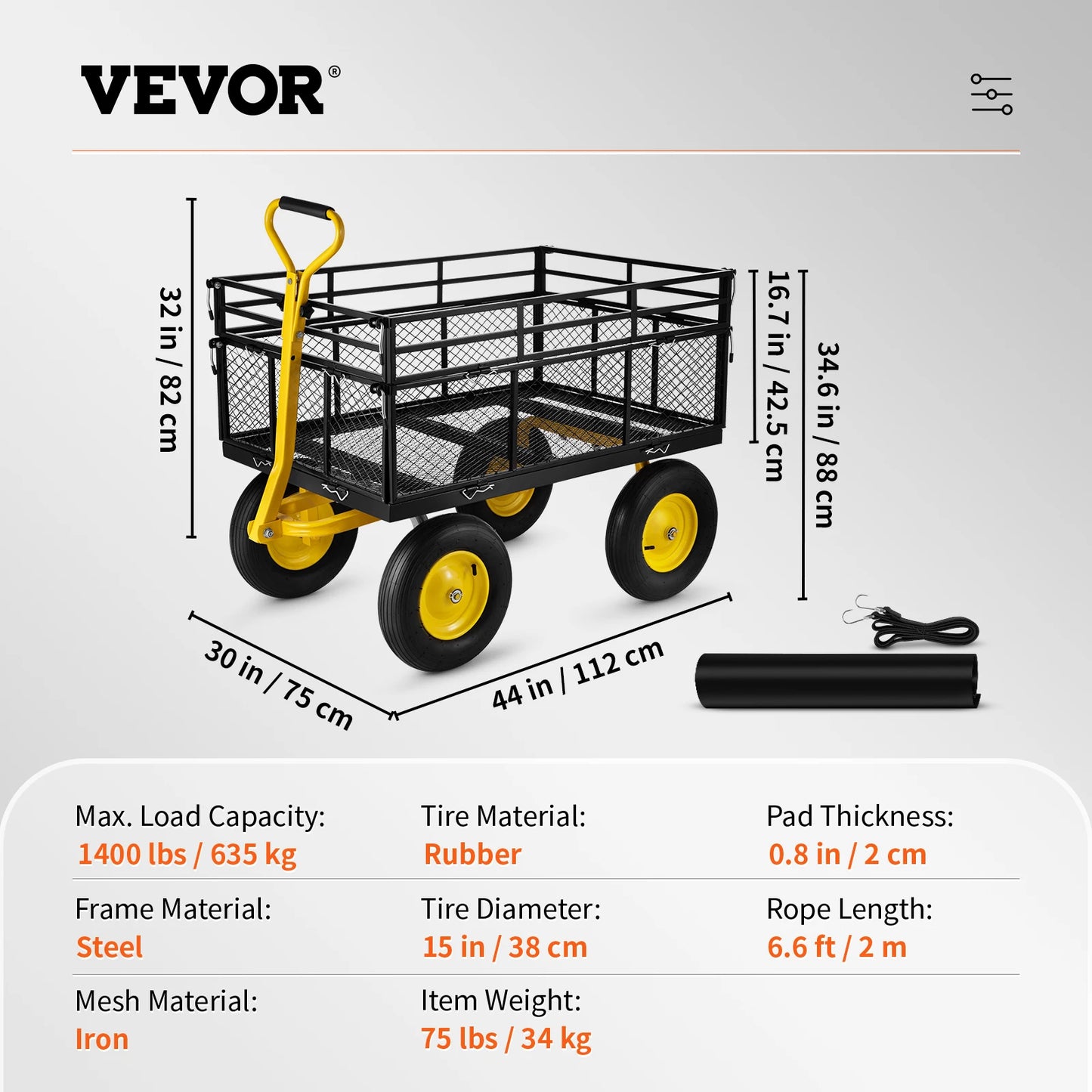 VEVOR Steel Garden Cart, 500/880/1200/1400 lbs Capacity, with Removable Mesh Sides, Perfect for Garden, Farm, Yard