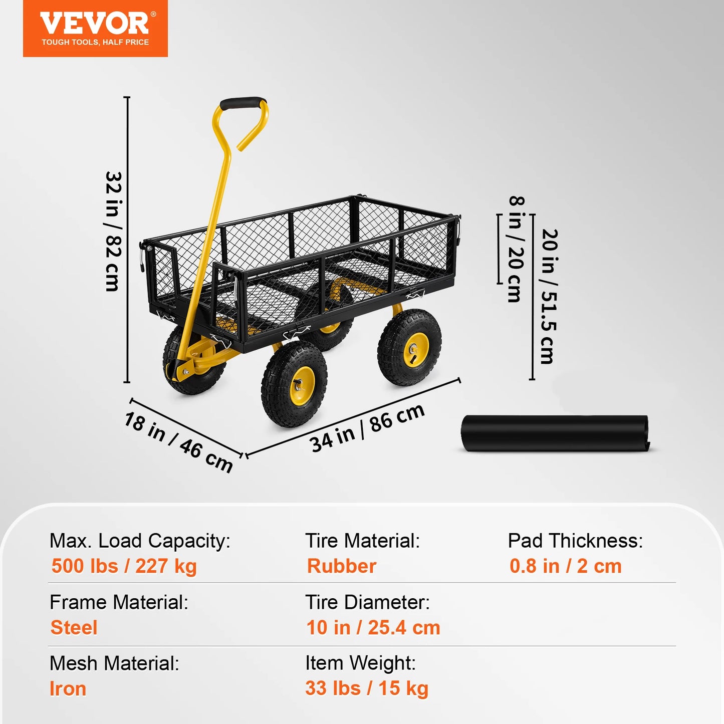 VEVOR Steel Garden Cart, 500/880/1200/1400 lbs Capacity, with Removable Mesh Sides, Perfect for Garden, Farm, Yard