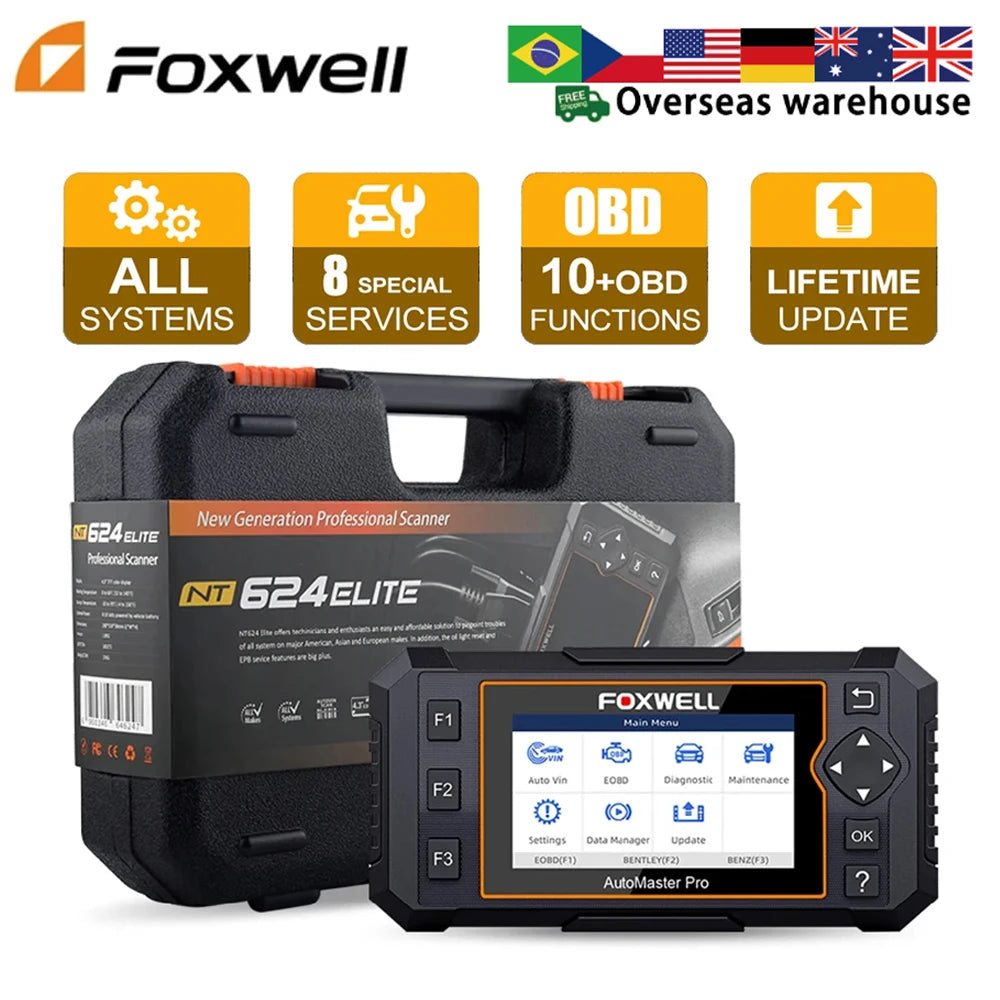 Foxwell NT624 Elite OBD2 Scanner Car Diagnostic Tools All System OBD 2 Code Reader ABS TPMS EPB 8 Reset OBD 2 Auto Scan Tool