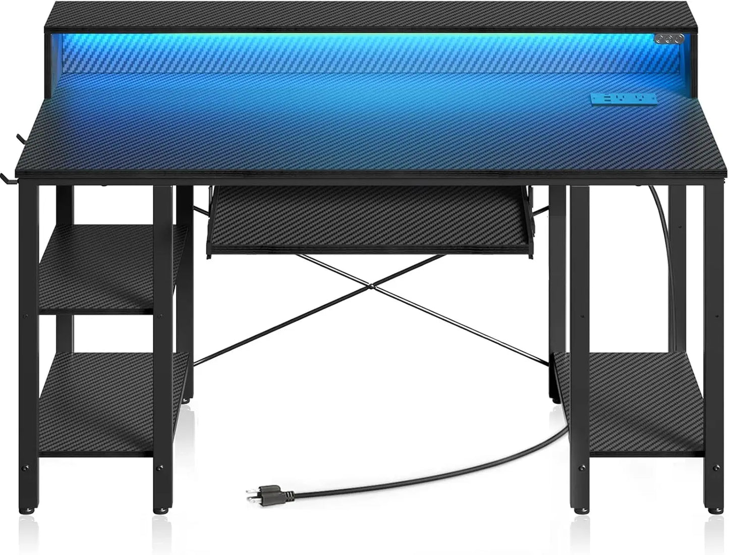 Computer Desk with LED Lights & Power Outlets, 54” Gaming Desk with Storage Shelves, Home Office Desk with Keyboard Tray