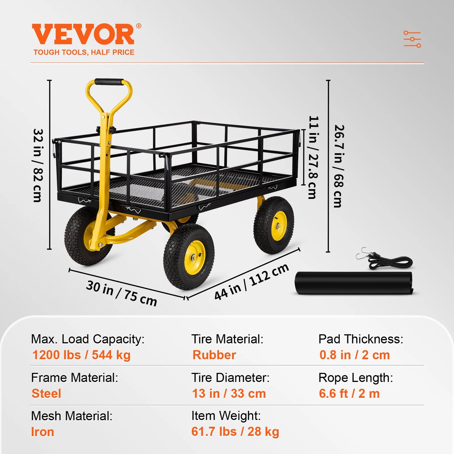 VEVOR Steel Garden Cart, 500/880/1200/1400 lbs Capacity, with Removable Mesh Sides, Perfect for Garden, Farm, Yard