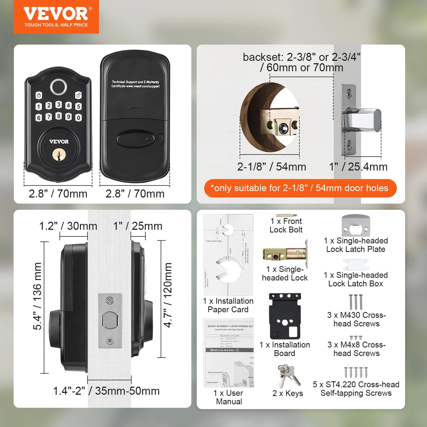 VEVOR Fingerprint Door Lock Keyless Entry Door Lock with Fingerprint/Keypad Code/Key Anti-Peeking Password Electronic Deadbolt