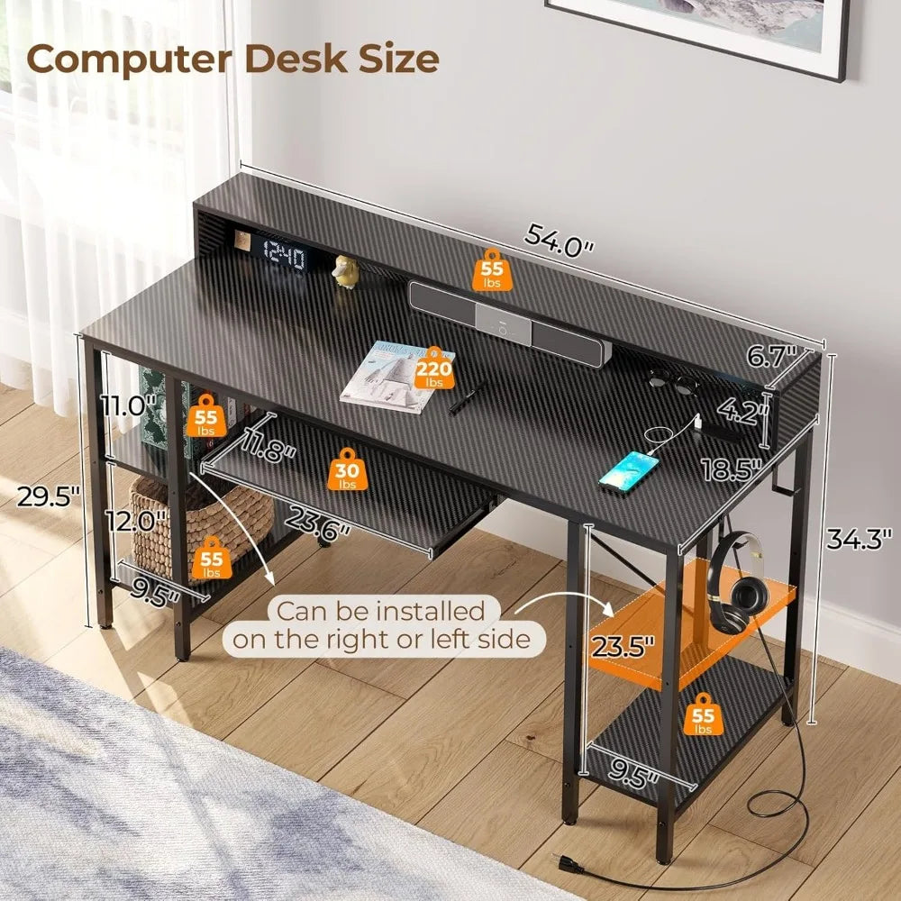 Computer Desk with LED Lights & Power Outlets, 54” Gaming Desk with Storage Shelves, Home Office Desk with Keyboard Tray