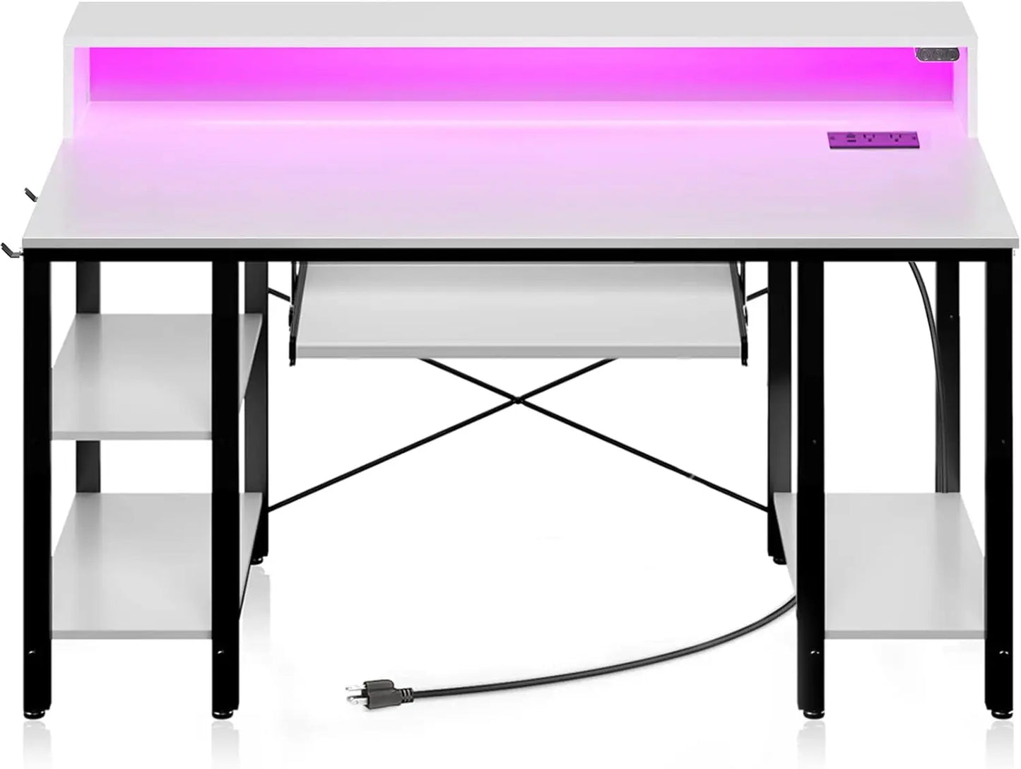 Computer Desk with LED Lights & Power Outlets, 54” Gaming Desk with Storage Shelves, Home Office Desk with Keyboard Tray