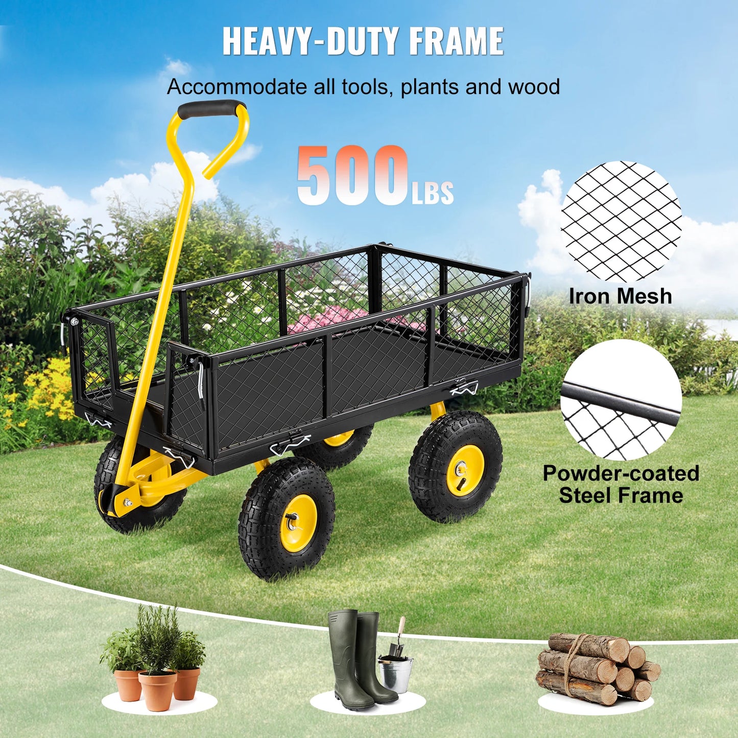 VEVOR Steel Garden Cart, 500/880/1200/1400 lbs Capacity, with Removable Mesh Sides, Perfect for Garden, Farm, Yard