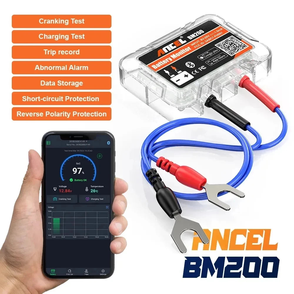 ANCEL BM200 Bluetooth Battery Monitor Car Battery Health APP Monitoring 12V Charger Battery Tester Tools For Android IOS